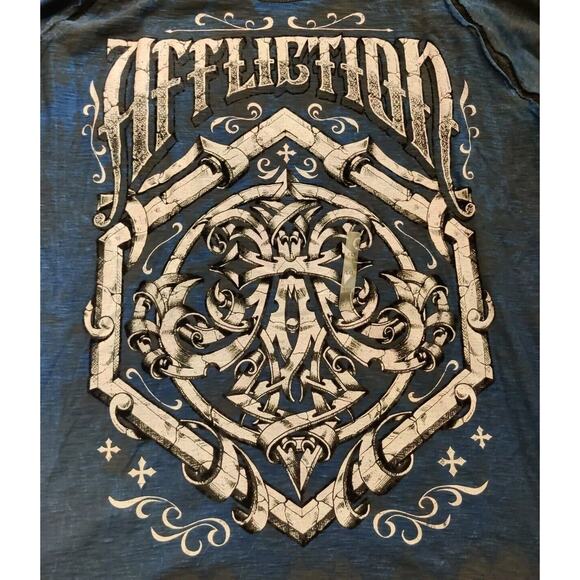 NWT Affliction Shirt Mens Size 2XL Long Sleeve Crest Graphic Blue